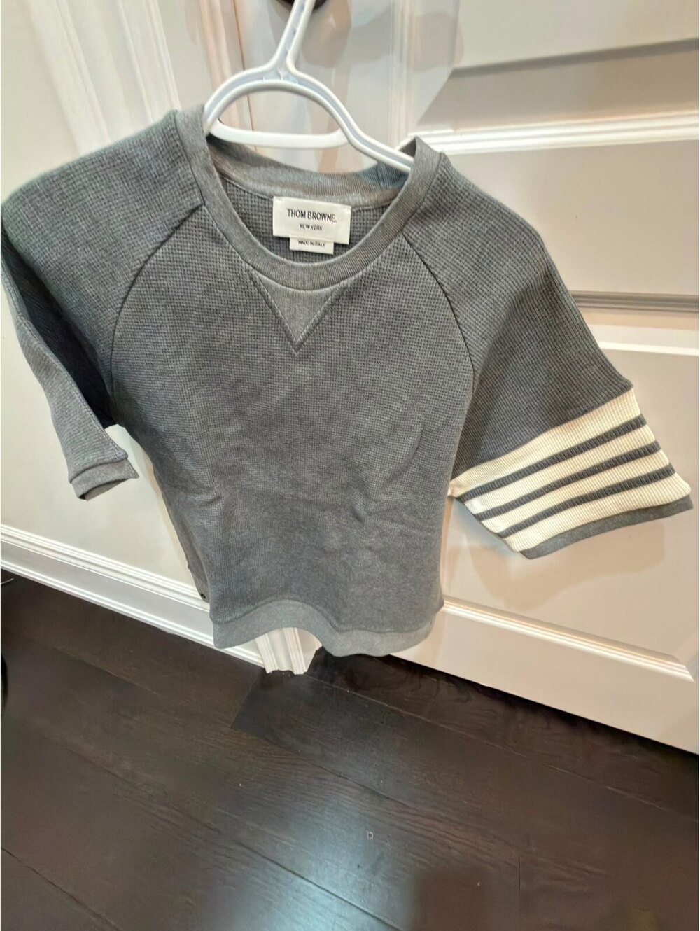 Thom Browne Grey Waffle Knit Short Sleeve Sweater with StriP